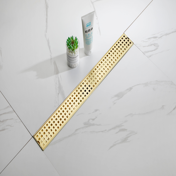 24英寸线性淋浴地漏，带可拆卸方格纹格栅，304不锈钢材质，配毛发过滤网与调平脚，拉丝金色-2