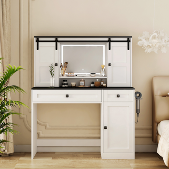 不支持自提和指定仓，乡村风格梳妆台化妆台，43英寸宽，带灯光镜和化妆抽屉，大型现代梳妆台套装，带吹风机架，适合卧室，白色
