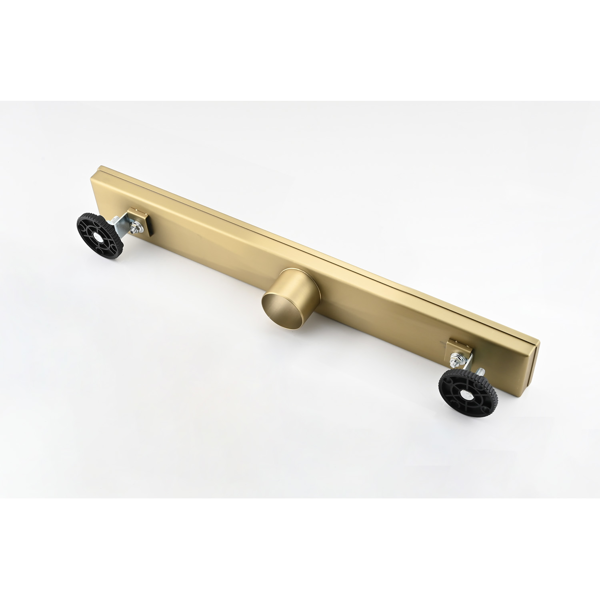 12英寸线性淋浴地漏，带可拆卸方格纹格栅，304不锈钢材质，配毛发过滤网与调平脚，拉丝金色-5