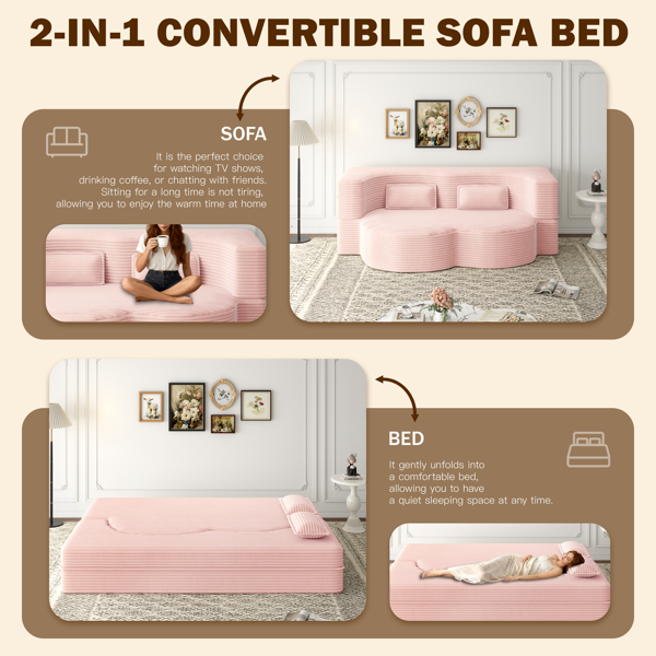 现代落地沙发，配两个靠枕，可转换成柔软灯芯绒面料的泡沫填充沙发床，15英寸全尺寸折叠床垫，适用于客厅、客用，无需组装，婴儿粉色-5