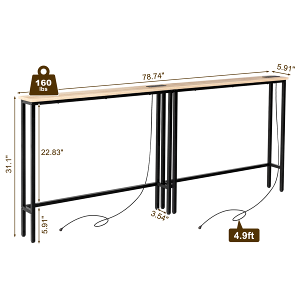 【同款编码：15819281】橡木色 2件装 三胺+铁 200*15*79cm 玄关桌 带排插（美标）-5