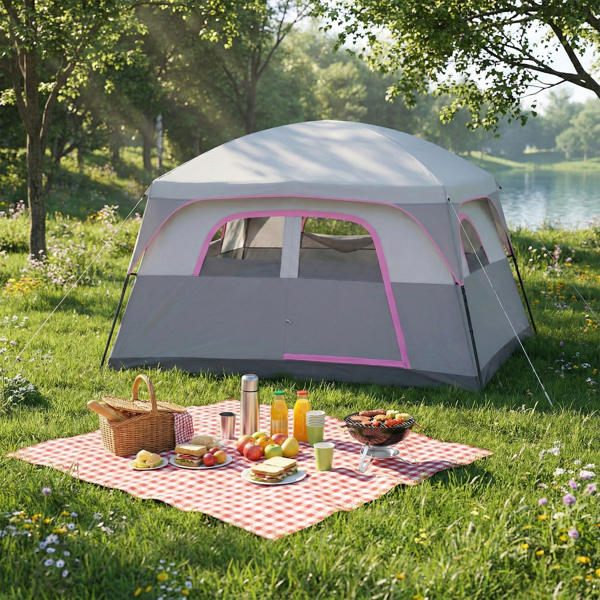 6人 灰红色 露营帐篷 涤纶布 玻纤杆 304.8*274*198cm 家庭帐篷-11