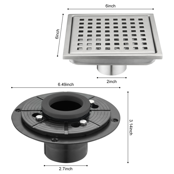 6英寸方形淋浴地漏，带可拆卸方格纹格栅，304不锈钢材质，配法兰底座和毛发过滤网，拉丝镍-12