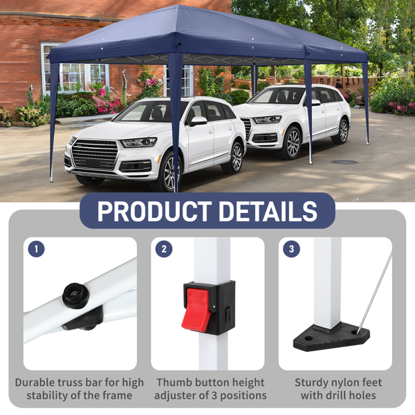 10*20ft  蓝色  一键撑开 6片面-2门4窗 28/22MM脚管 10X20MM交叉杆 折叠棚  210D牛津布  喷塑铁管 配拎包 无沙袋-11