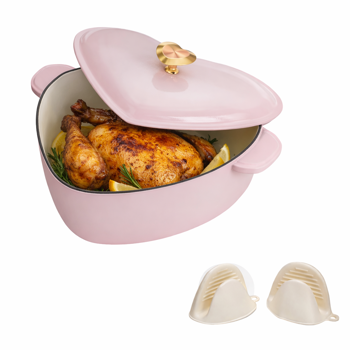 金色心形手柄 铸铁 24cm内直径 4QT 心形 烹饪锅具 粉色渐变 含两个硅胶手套 珐琅锅