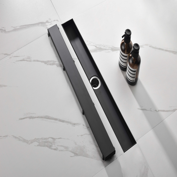 28英寸线性淋浴地漏，带二合一平面/嵌砖两用可拆卸盖板，304不锈钢材质，配毛发过滤网与调平脚，哑光黑色-5