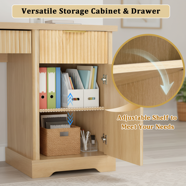 55英寸现代波纹办公桌，带储物柜和抽屉，电脑书桌，配备电源插座、洞洞板、内置置物架和键盘托盘，适用于书房、客厅、家庭办公室，浅橡木色。-22