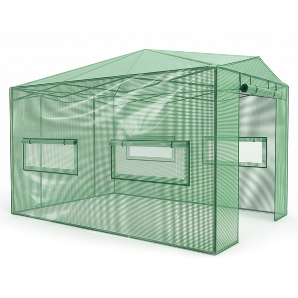 8*12FT PE布花房 绿色PE布 黑底银花铁管 一键尖顶 两侧带双窗户 带对侧双拉链卷门带小窗 带地钉风绳-4