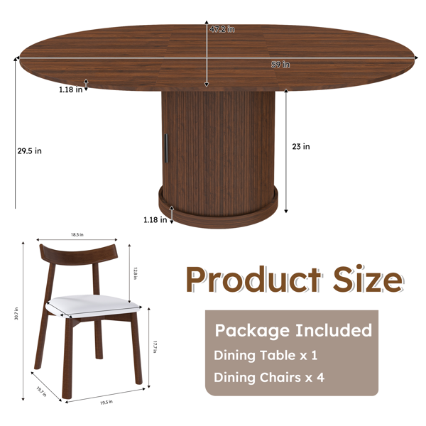 59英寸可伸缩椭圆形餐桌套装，配4把胡桃木餐椅，47-59英寸无导轨可伸缩餐桌，带双层储物空间，PU软垫实木餐椅，底座式设计，适合4-6人使用。-6