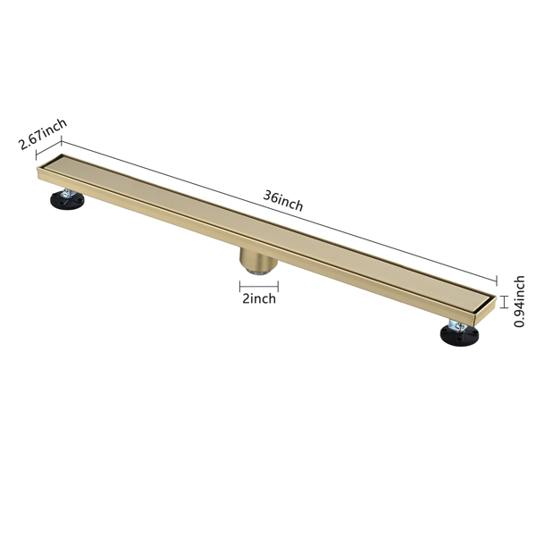 36英寸线性淋浴地漏，带二合一平面/嵌砖两用可拆卸盖板，304不锈钢材质，配毛发过滤网与调平脚，拉丝金色-2
