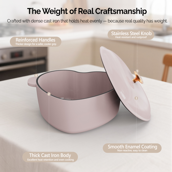 金色心形手柄 铸铁 24cm内直径 4QT 心形 烹饪锅具 粉色渐变 含两个硅胶手套 珐琅锅-4