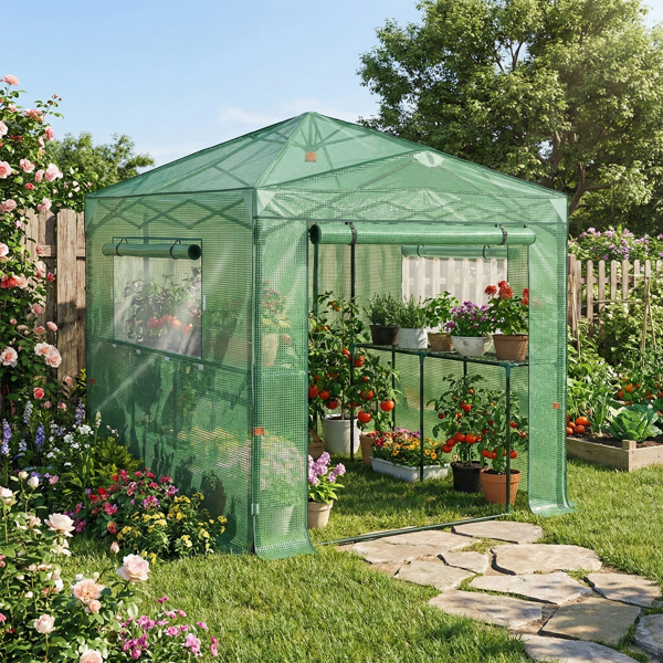 8*6FT PE布花房 绿色PE布 黑底银花铁管 一键尖顶 两侧带双窗户 带对侧双拉链卷门 带地钉风绳-4