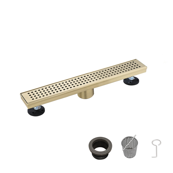 12英寸线性淋浴地漏，带可拆卸方格纹格栅，304不锈钢材质，配毛发过滤网与调平脚，拉丝金色-1