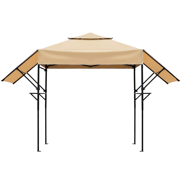 3.3X12.5FT 卡其色 双顶 折叠框架 烧烤棚 涤纶布 黑色喷塑框架 带两侧可调遮阳板 两边带网格托盘 配拎包-1