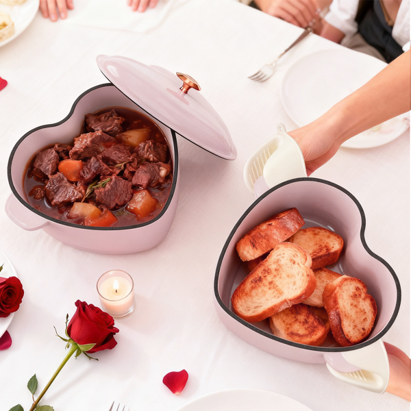 金色心形手柄 铸铁 24cm内直径 4QT 心形 烹饪锅具 粉色渐变 含两个硅胶手套 珐琅锅-9