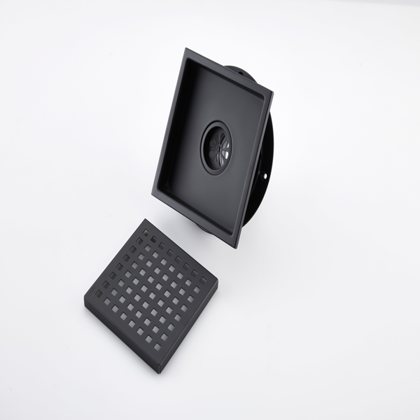 6英寸方形淋浴地漏，带可拆卸方格纹格栅，304不锈钢材质，配法兰底座和毛发过滤网，哑光黑色-4