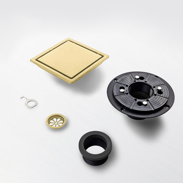 6英寸方形淋浴地漏，带二合一平面/嵌砖两用可拆卸盖板，304不锈钢材质，配法兰底座和毛发过滤网，拉丝金色-7