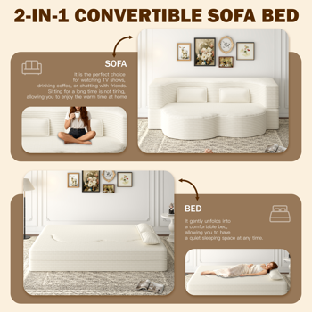 现代落地沙发，配两个靠枕，灯芯绒面料，泡沫填充，可折叠成沙发床，15英寸双人折叠床垫，适用于客厅、客房、游戏室，无需组装，米色/白色