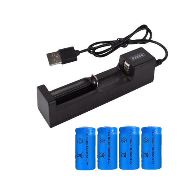 4块 16340 电池 1300 毫安 3.7 伏锂离子可充电电池 + USB 充电器-1