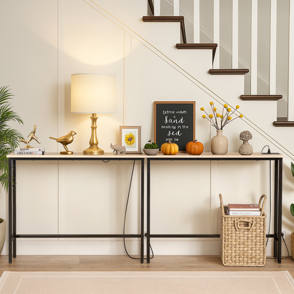 【同款编码：15819281】橡木色 2件装 三胺+铁 200*15*79cm 玄关桌 带排插（美标）-14