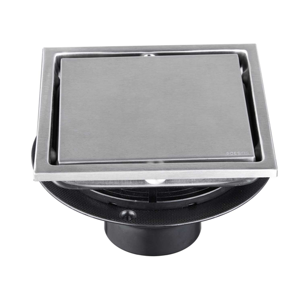 6英寸方形淋浴地漏，带二合一平面/嵌砖两用可拆卸盖板，304不锈钢材质，配法兰底座和毛发过滤网，拉丝镍-1