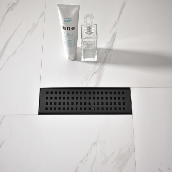 12英寸线性淋浴地漏，带可拆卸方格纹格栅，304不锈钢材质，配毛发过滤网与调平脚，哑光黑色-12