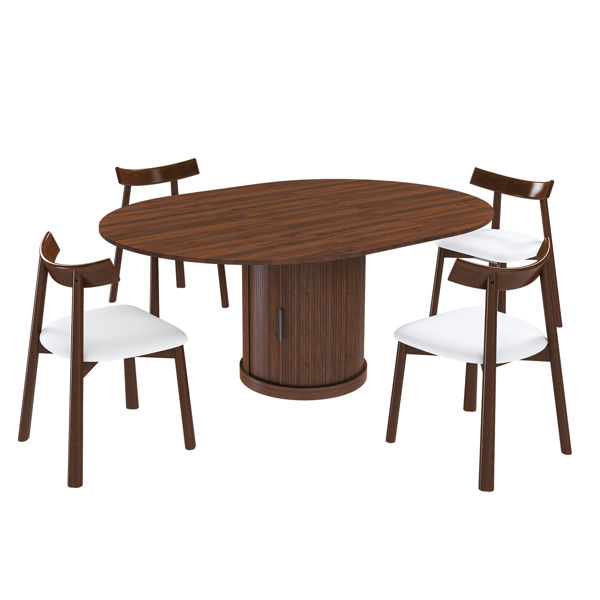59英寸可伸缩椭圆形餐桌套装，配4把胡桃木餐椅，47-59英寸无导轨可伸缩餐桌，带双层储物空间，PU软垫实木餐椅，底座式设计，适合4-6人使用。-5