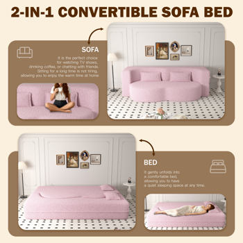 现代落地沙发，配两个靠枕，可转换成泰迪绒面料的泡沫填充沙发床，15英寸双人折叠床垫，适用于客厅、客房、游戏室，无需组装，粉色