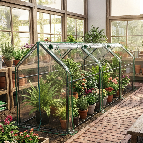 106*36*36in  透明PVC 墨绿色铁管 尖顶 三间 带三拉链卷门-18