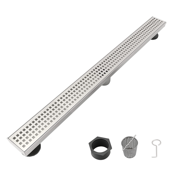 28英寸线性淋浴地漏，带可拆卸方格纹格栅，304不锈钢材质，配毛发过滤网与调平脚，拉丝镍-1