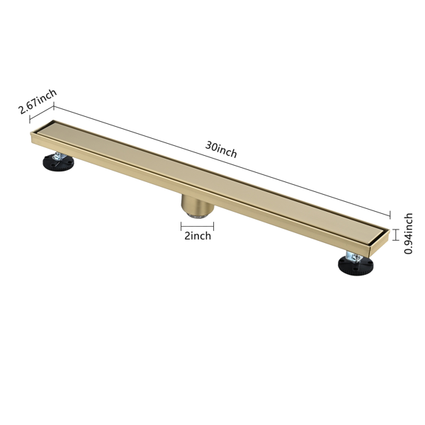 30英寸线性淋浴地漏，带二合一平面/嵌砖两用可拆卸盖板，304不锈钢材质，配毛发过滤网与调平脚，拉丝金色-2