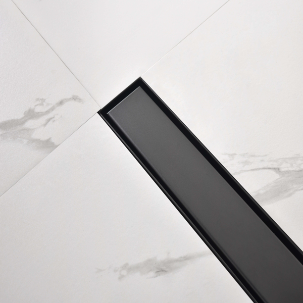 28英寸线性淋浴地漏，带二合一平面/嵌砖两用可拆卸盖板，304不锈钢材质，配毛发过滤网与调平脚，哑光黑色-3