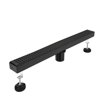 28英寸线性淋浴地漏，带可拆卸方格纹格栅，304不锈钢材质，配毛发过滤网与调平脚，哑光黑色