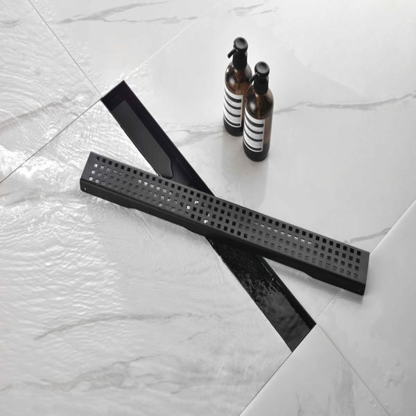 28英寸线性淋浴地漏，带可拆卸方格纹格栅，304不锈钢材质，配毛发过滤网与调平脚，哑光黑色-3