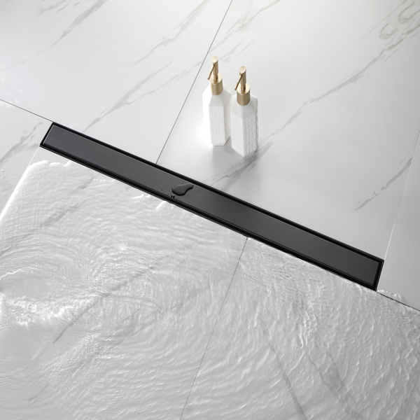 36英寸线性淋浴地漏，带二合一平面/嵌砖两用可拆卸盖板，304不锈钢材质，配毛发过滤网与调平脚，哑光黑色-1