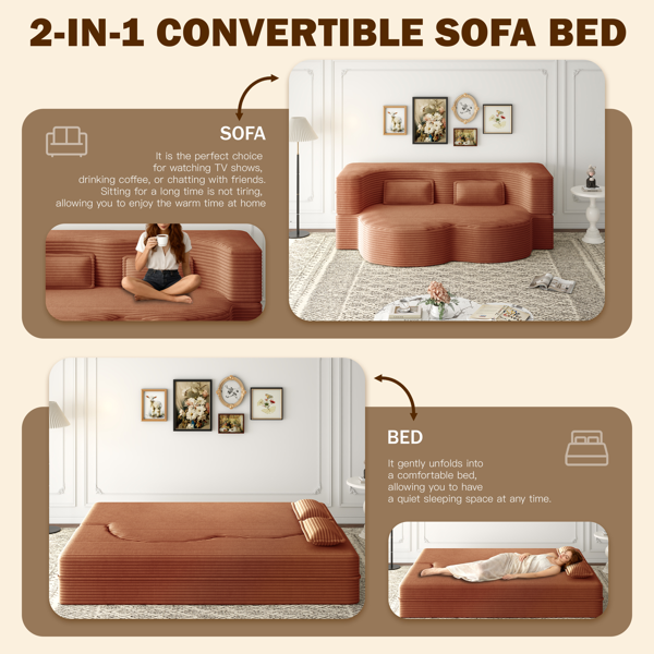 现代落地沙发，配两个靠枕，可转换成柔软灯芯绒面料的泡沫填充沙发床，15英寸全尺寸折叠床垫，适用于客厅、客用，无需组装，橙色-6