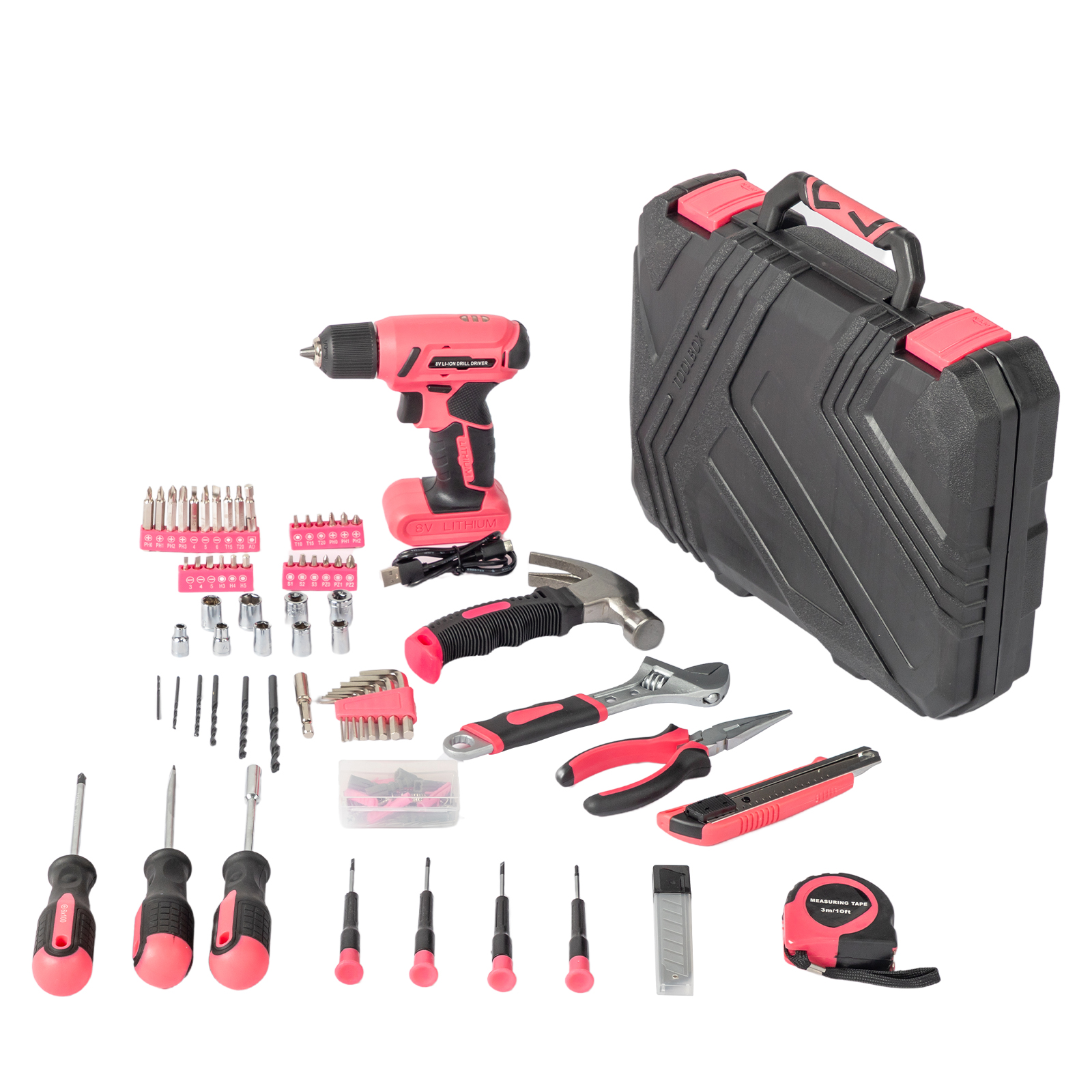 [Same code: 64738747]146-Piece Drill Set with 8V Pink Cordless Drill, Home Tool Kit with Drill