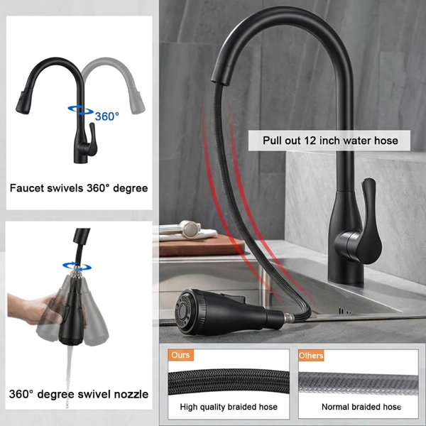 单柄高弧度哑黑厨房水槽拉出式水龙头，配备4种喷洒模式，单层不锈钢材质，带下拉式喷头【周末不发货，TK/TEMU订单仅支持自提】-2