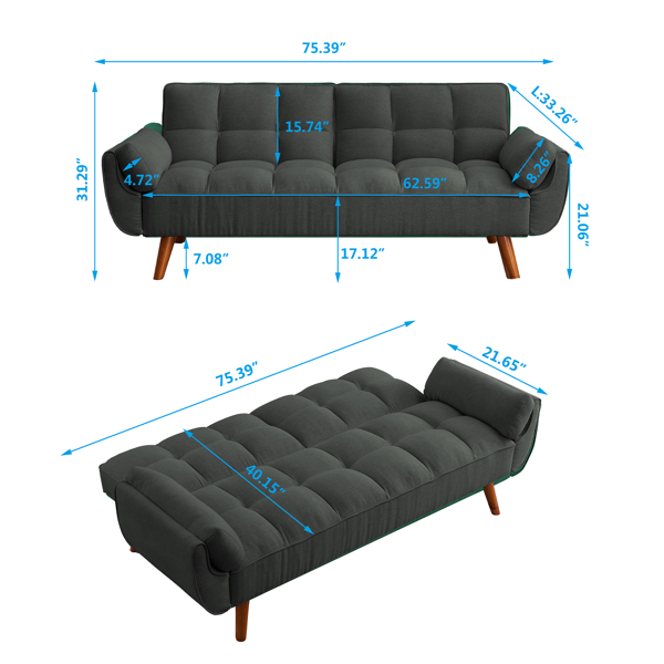 75英寸喇叭扶手可转换双人沙发床-深灰色-14