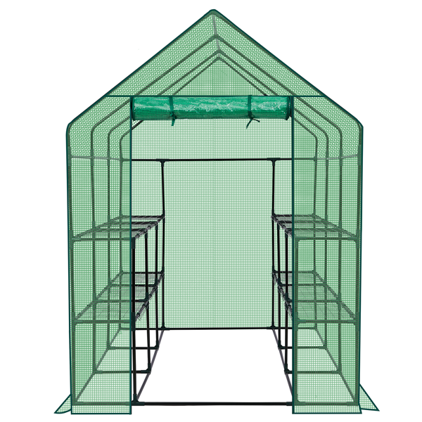 56*85*77in PE布花房 绿色PE布 墨绿色铁管 尖顶 带12片网格花架 带拉链卷门-9