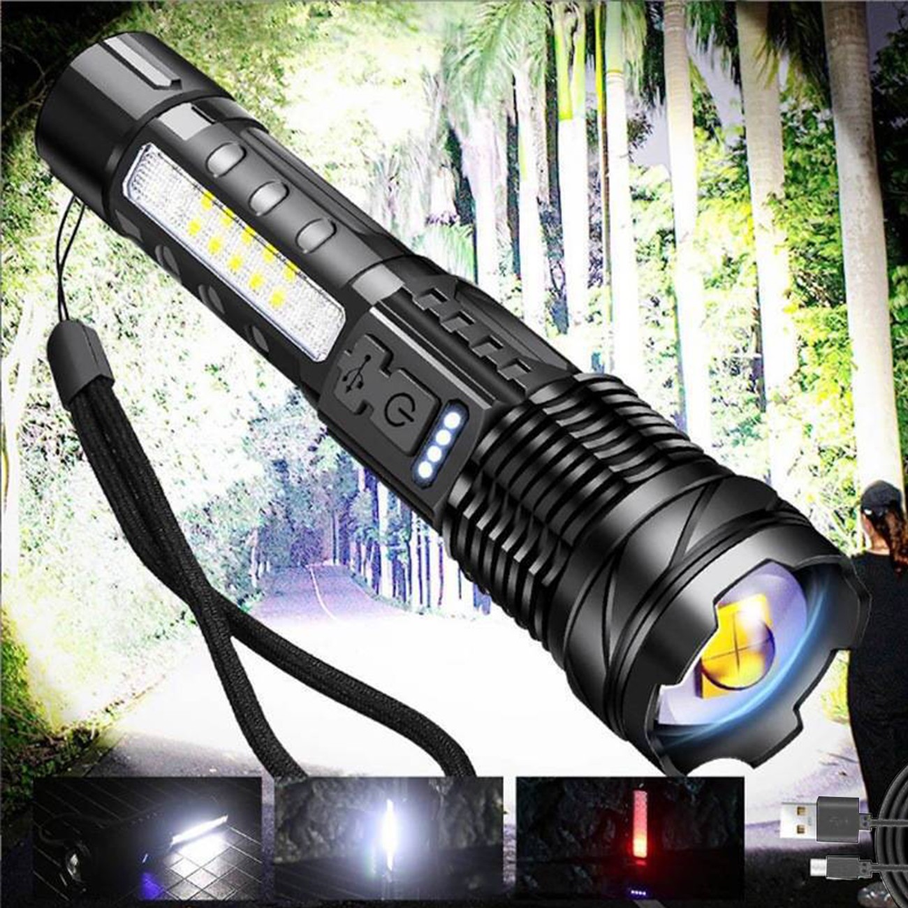 （2Pack）USB Rechargeable LED Flashlight Adjustable Focus Camping Hiking Outdoor Flashlight Work Light_voghion.com