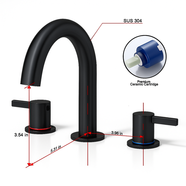 8英寸宽幅洗手盆龙头，双把手三孔设计，带360°旋转喷嘴和弹起式排水器，哑光黑[周末无法发货，TK/TEMU仅支持自提]-7