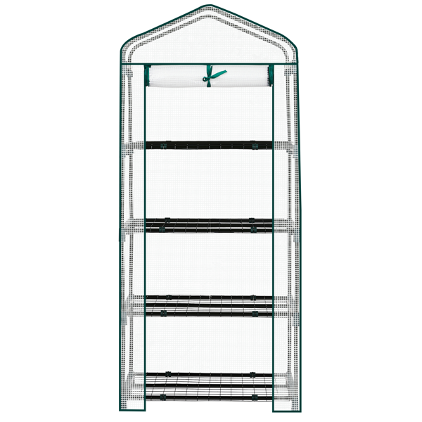 27*19*62in PE布花房 白色PE布 墨绿色铁管 尖顶迷你带4层网格花架 带拉链卷门-6