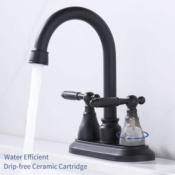 浴室水龙头哑黑360度高弧形旋转喷嘴4英寸中心套梳妆台水龙头现代浴室水龙头3孔厕所水龙头不漏水【周末不发货，TK/TEMU订单仅支持自提】-6