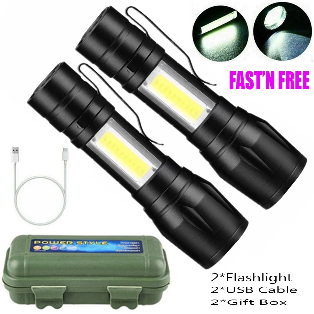 2 Pack USB Rechargeable Small LED Flashlights Camping Flashlight Work Light_voghion.com
