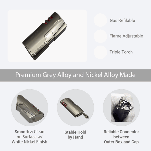 SIKARO®旋风* 三直冲专用高档雪茄打火机带雪茄打孔器白镍银色雪茄香烟厨房户外可重复充气可调节火焰高度便携式-4