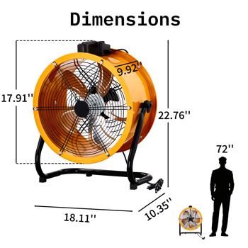 美规 MLD-400 筒扇 110V 192W 16inch 趴地筒扇 移动风机 带提手 铜电机 橙黄色 空气循环流通 工业风