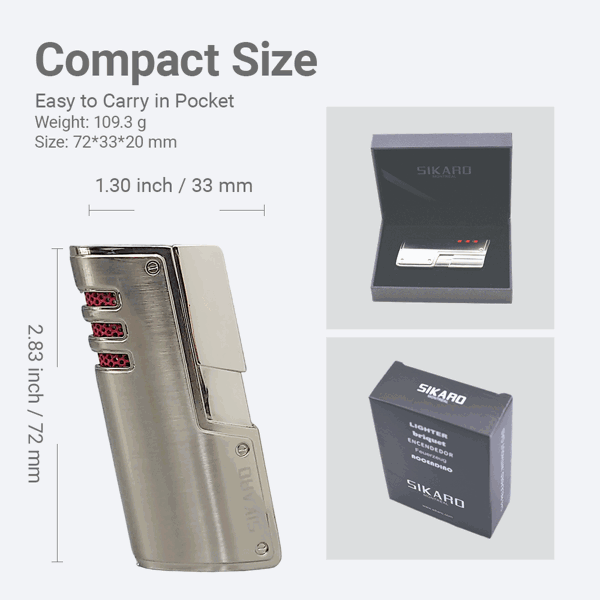 SIKARO®旋风* 三直冲专用高档雪茄打火机带雪茄打孔器白镍银色雪茄香烟厨房户外可重复充气可调节火焰高度便携式-3