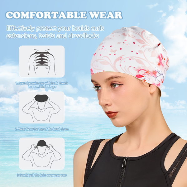 2件男女硅胶泳帽，高弹性舒适防滑男女泳帽，耐用防水长短发泳帽，保持头发干燥-5