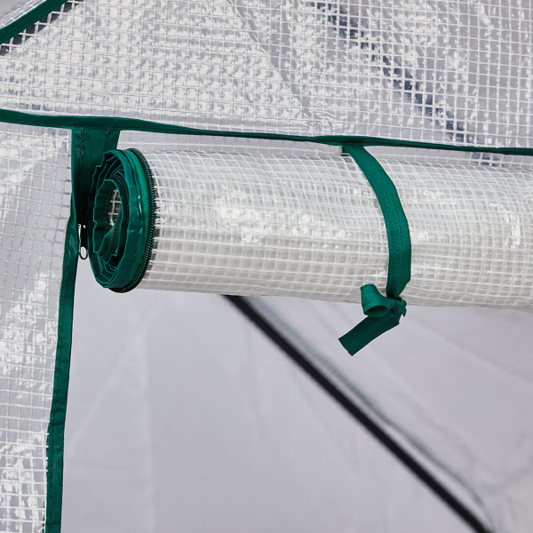 56*56*77in PE布花房 白色PE布 墨绿色铁管 尖顶 带8片网格花架 带拉链卷门-19